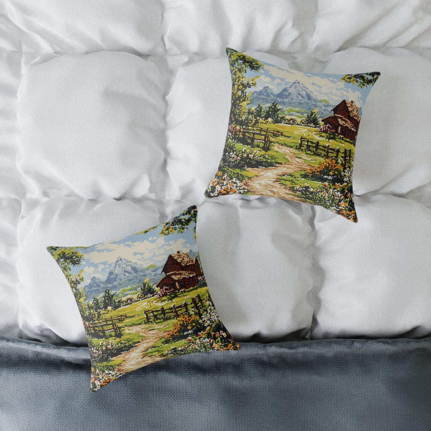 Countryside Nature 2 (Cross-Stitch Effect) - Square Poly Canvas Pillow - UK