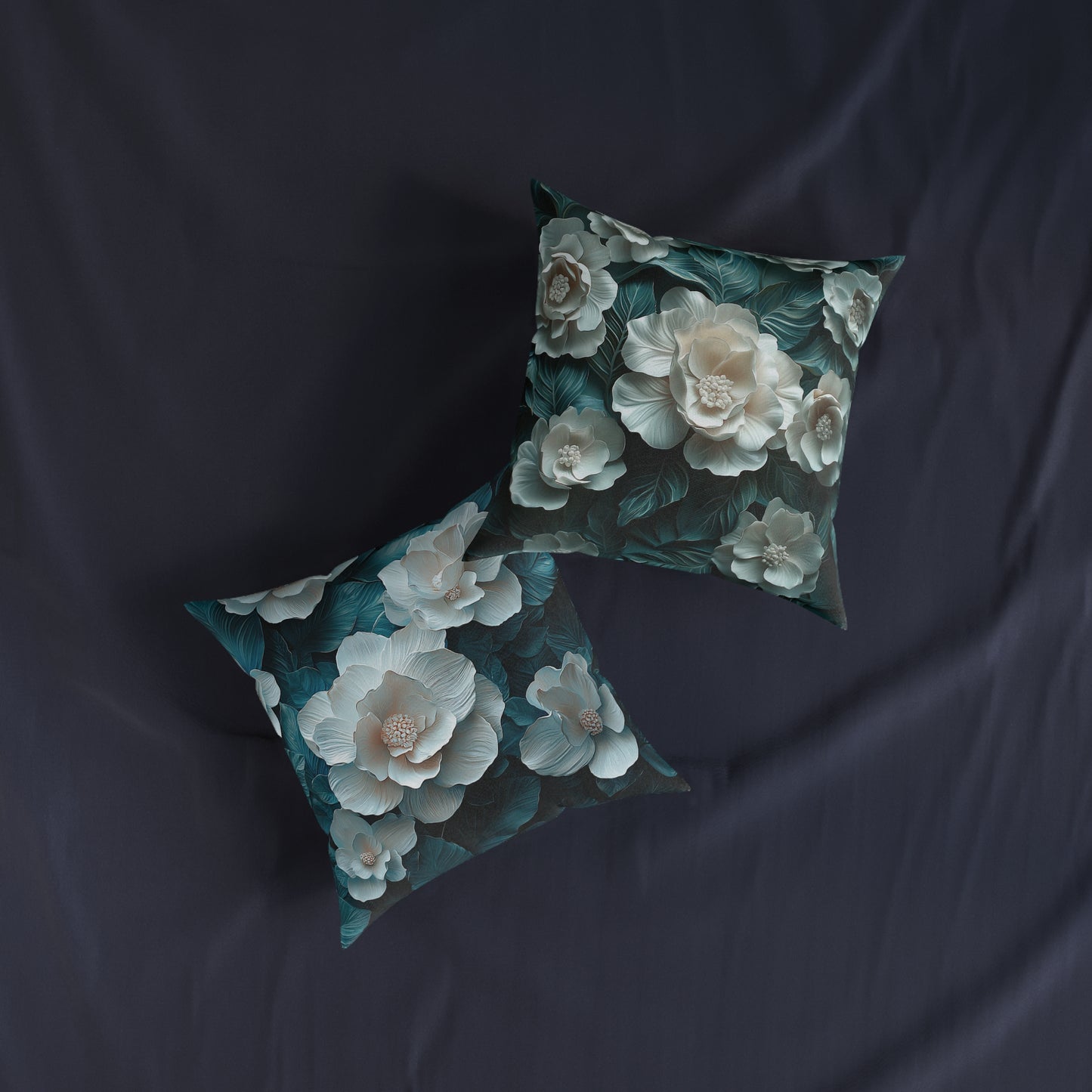 Elegant  White Winter Flower On Dark Teal Leaf - Cushion UK