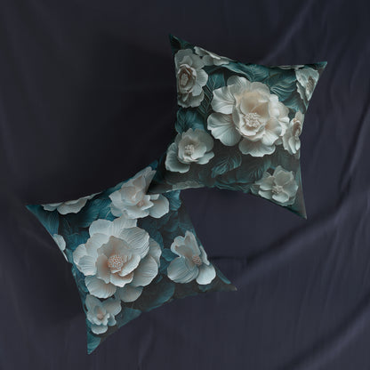 Elegant  White Winter Flower On Dark Teal Leaf - Cushion UK