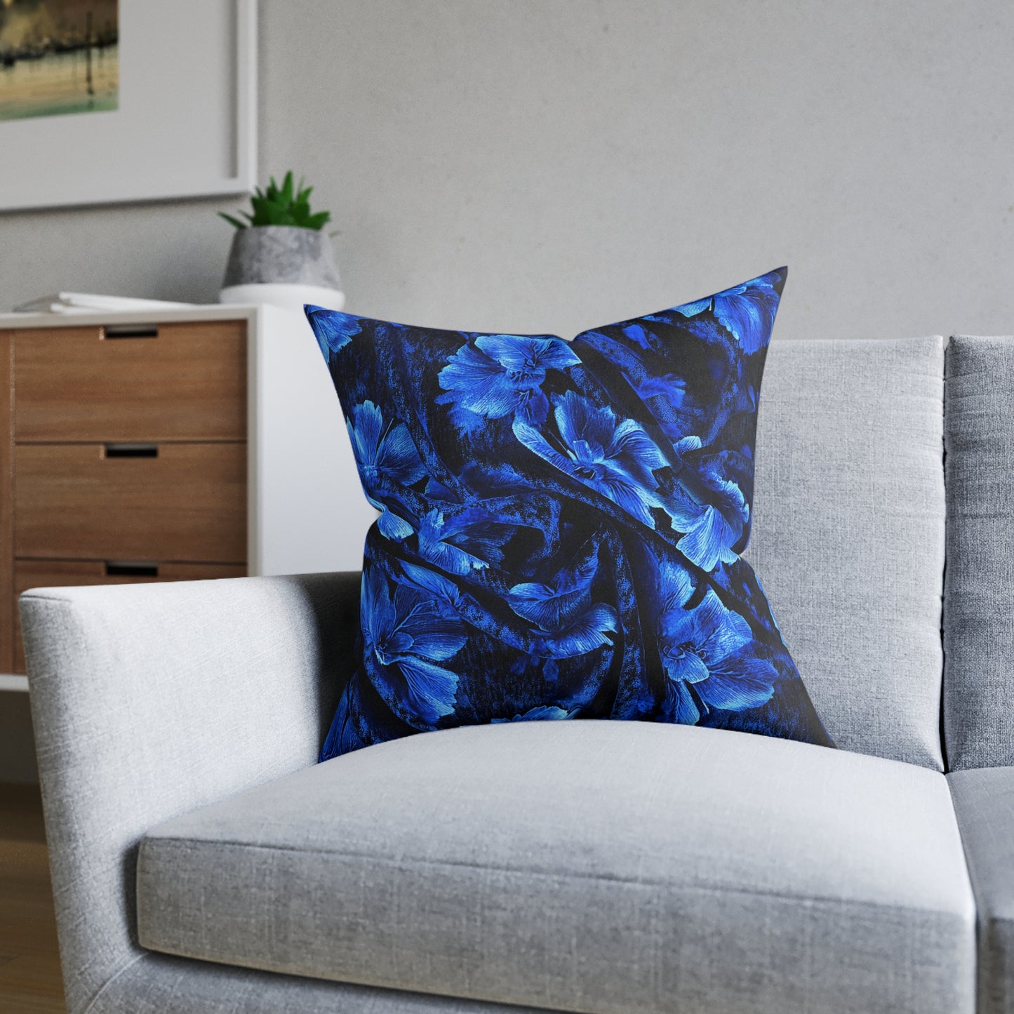 Elegant Blue Floral Square Pillow - UK