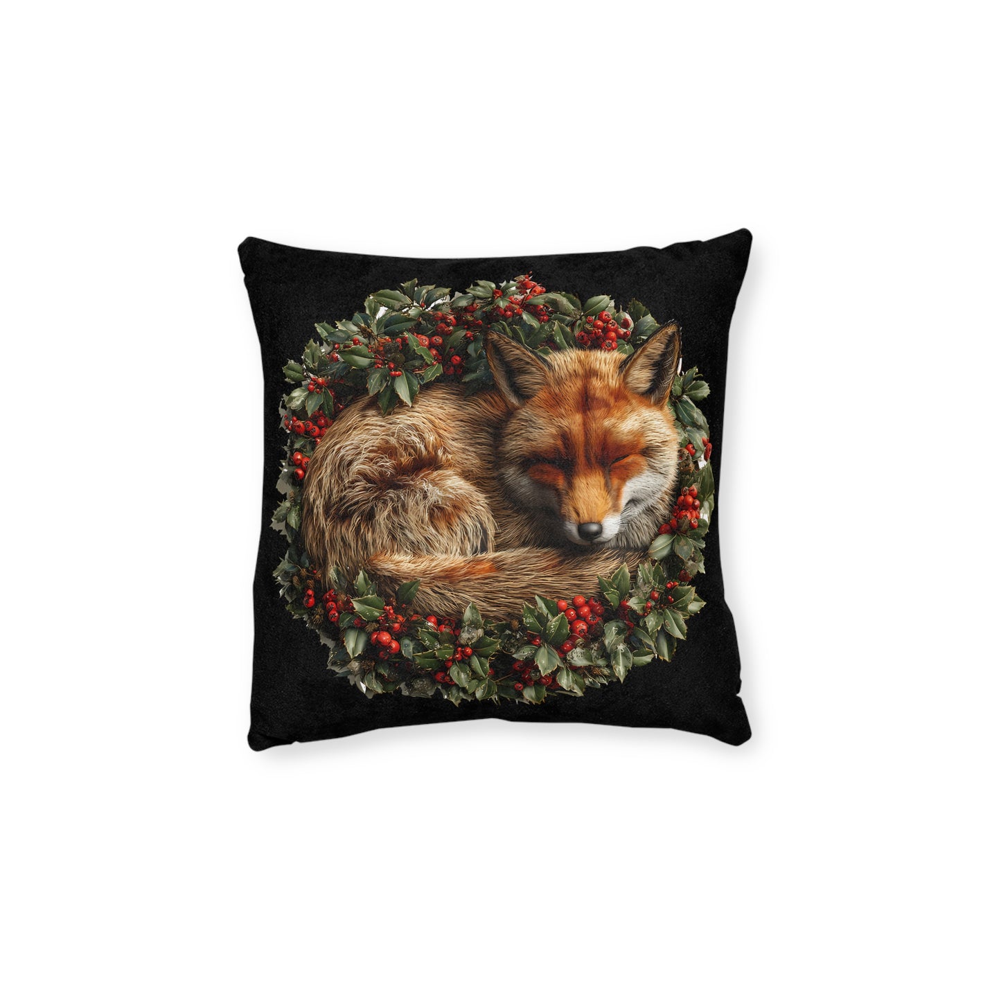 A Christmas Fox Laying in a Holly Wreath