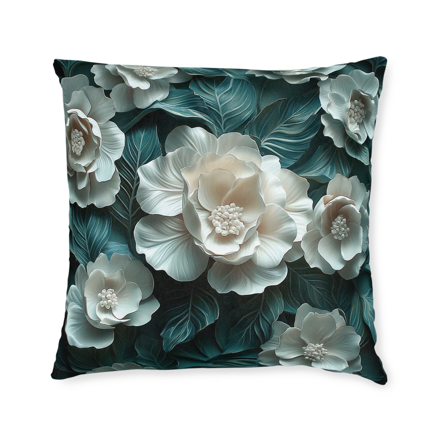 Elegant  White Winter Flower On Dark Teal Leaf - Cushion UK