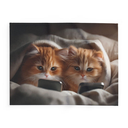Cute Kittens in Bed With Mobile Phones - Arctic Fleece Blanket - UK