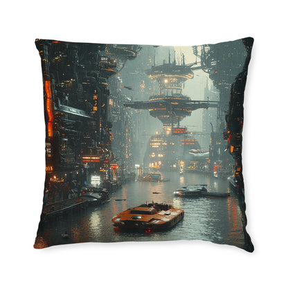 Futuristic Cityscape Square Pillow - Cyberpunk Cityscape Design - UK
