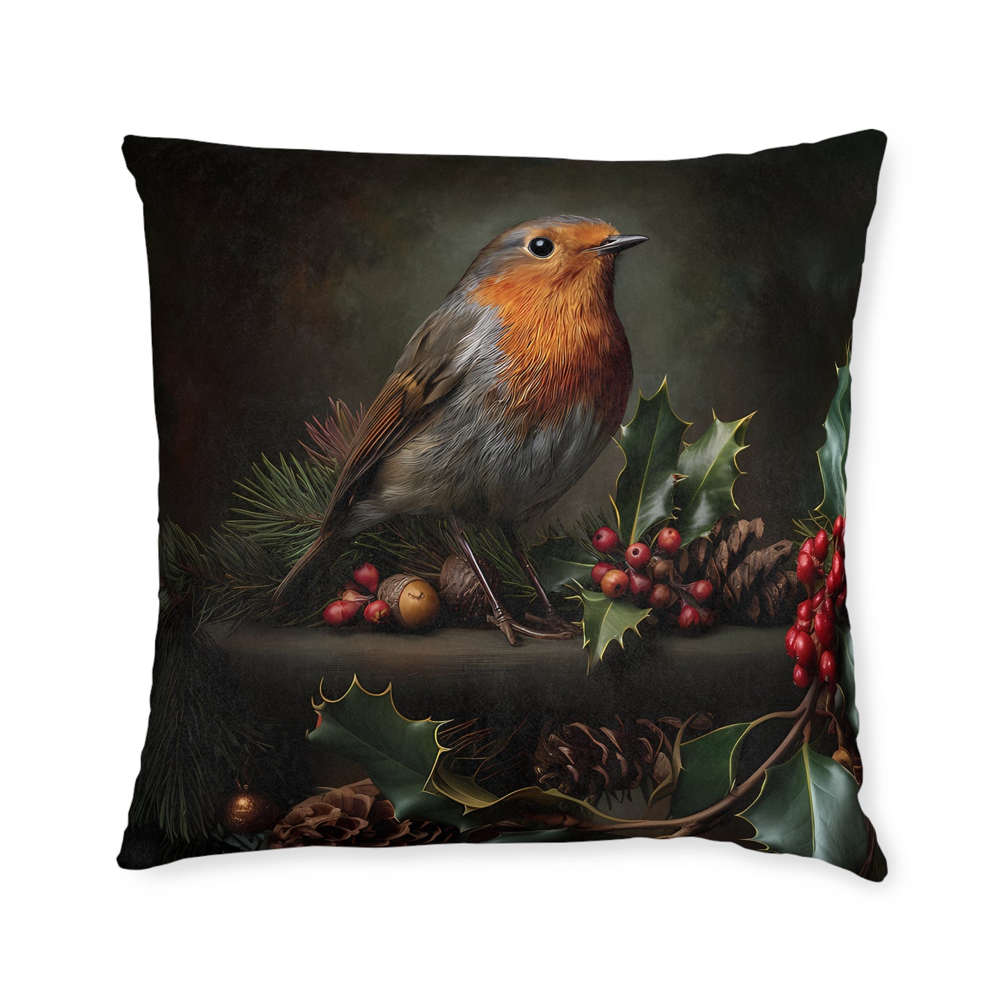 Cute Robin Sitting On Cones and Holly - Square Pillow -UK