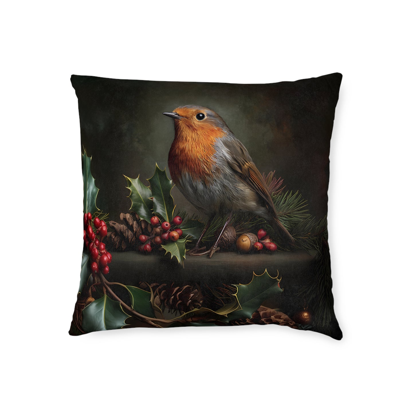 Cute Robin Sitting On Cones and Holly - Square Pillow -UK