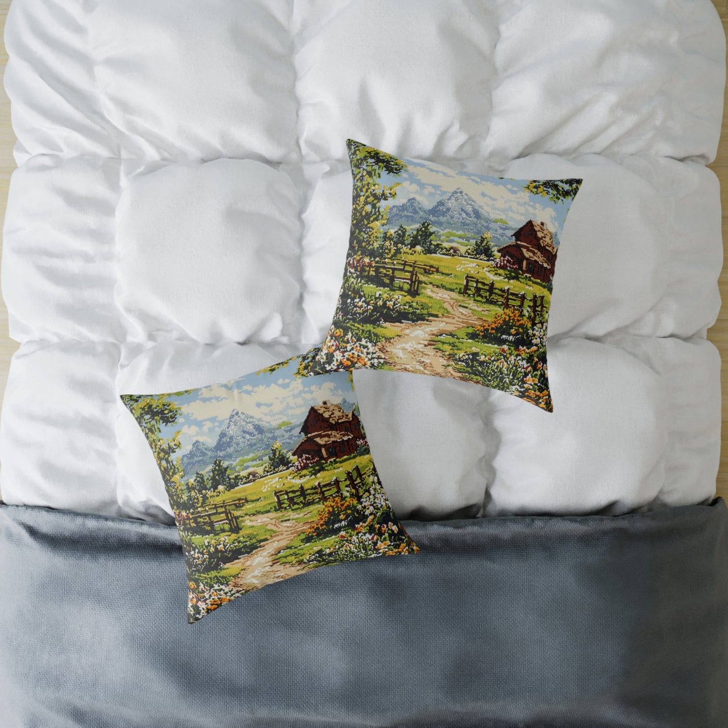 Countryside Nature 2 (Cross-Stitch Effect) - Square Poly Canvas Pillow - UK