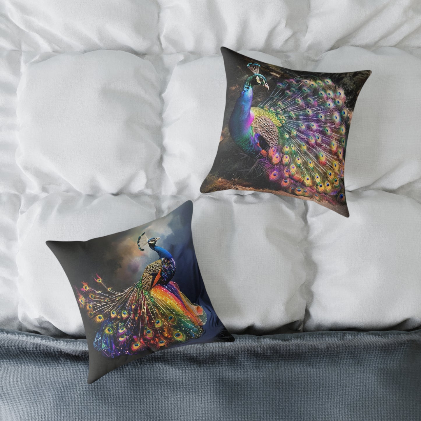 Rainbow Peacock 1 - Square Poly Canvas Pillow - UK