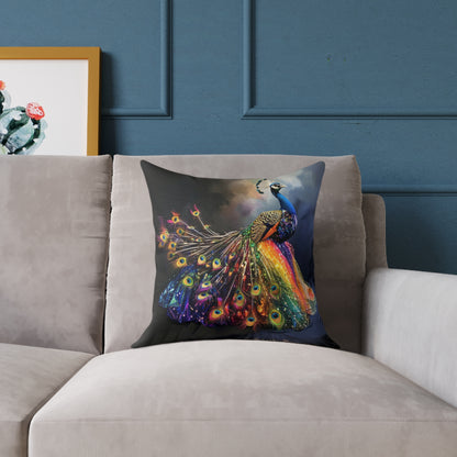 Rainbow Peacock 1 - Square Poly Canvas Pillow - UK