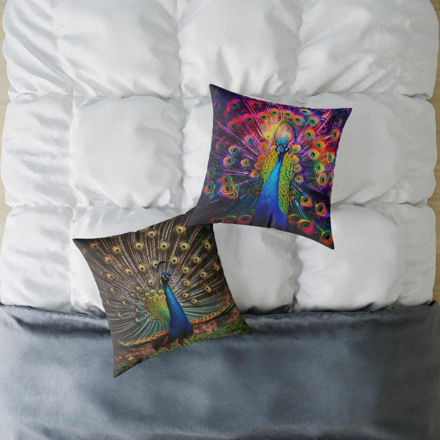 Rainbow Peacock 2 - Square Poly Canvas Pillow - UK