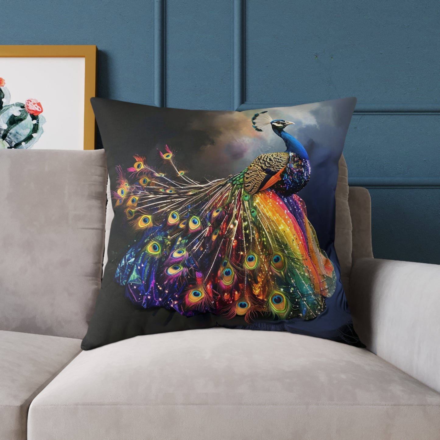 Rainbow Peacock 1 - Square Poly Canvas Pillow - UK