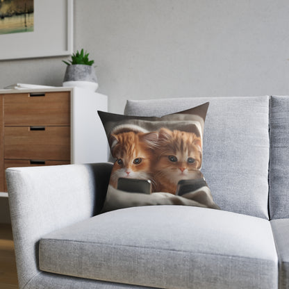 Cute Kittens in Bed With Mobile Phones - Square Pillow - UK