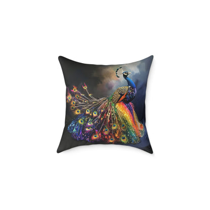 Rainbow Peacock 1 - Square Poly Canvas Pillow - UK