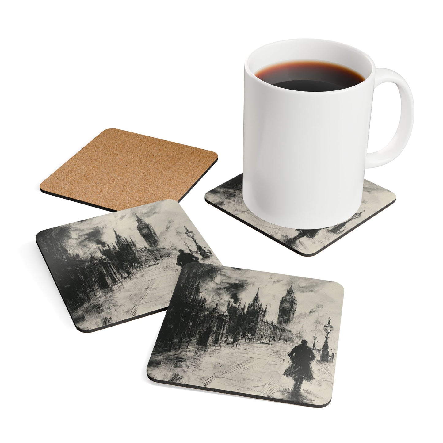 *Artistic Cork Coaster Set - Victorian London Skyline UK