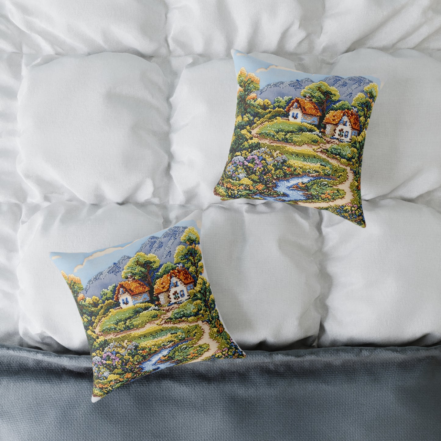 Countryside Nature (Cross-Stitch Effect) - Square Poly Canvas Pillow - UK