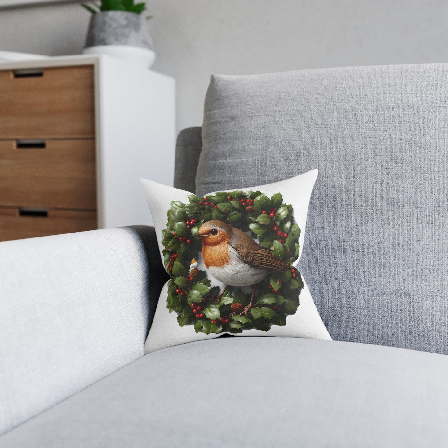 Christmas Robin Sat On A Holly Wreath - UK