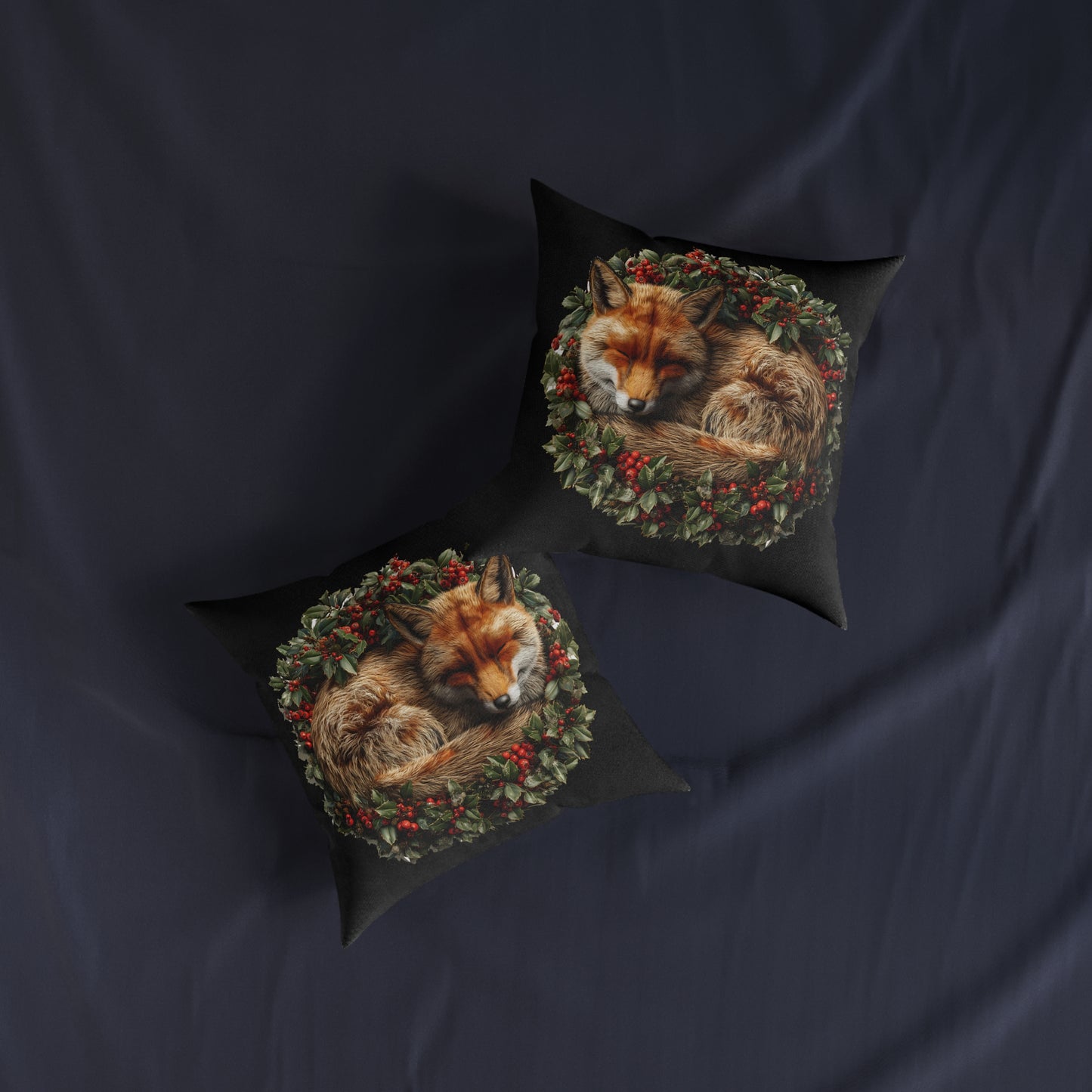 A Christmas Fox Laying in a Holly Wreath