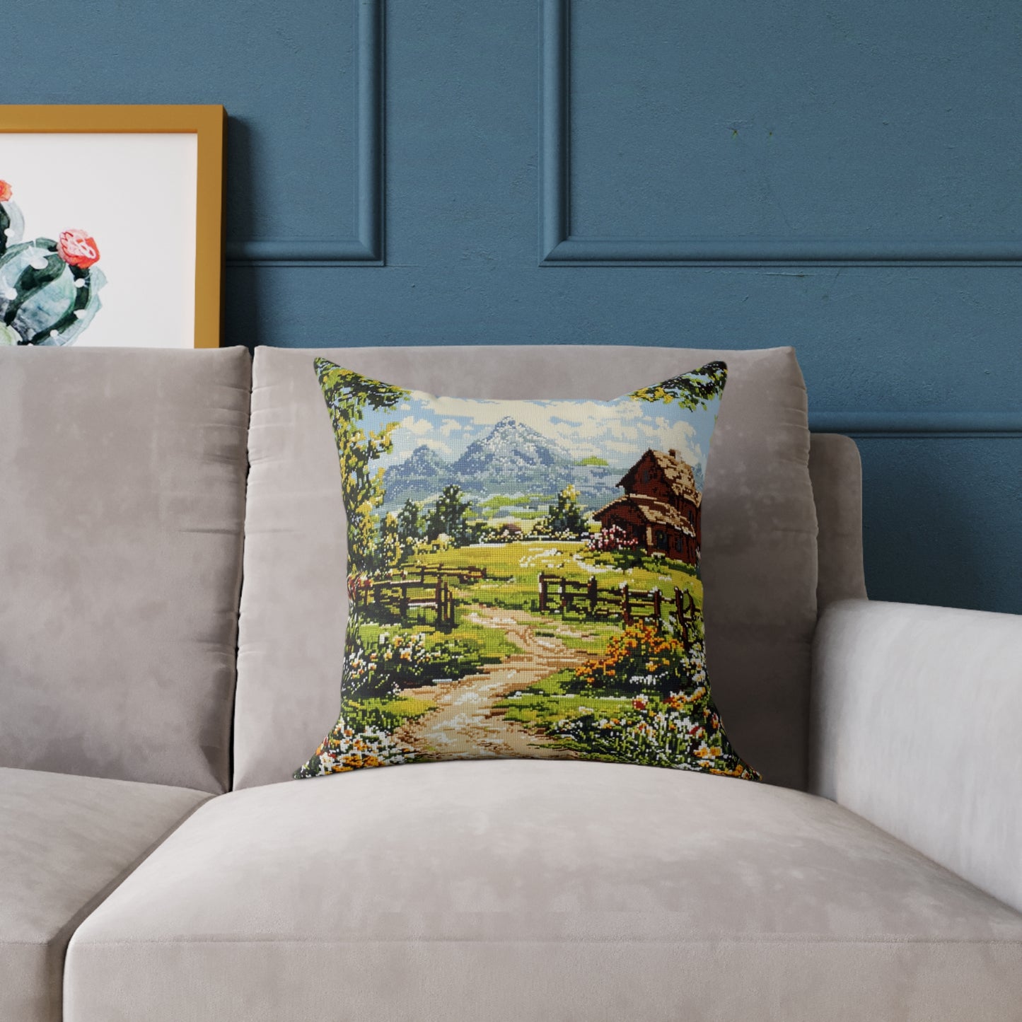 Countryside Nature 2 (Cross-Stitch Effect) - Square Poly Canvas Pillow - UK