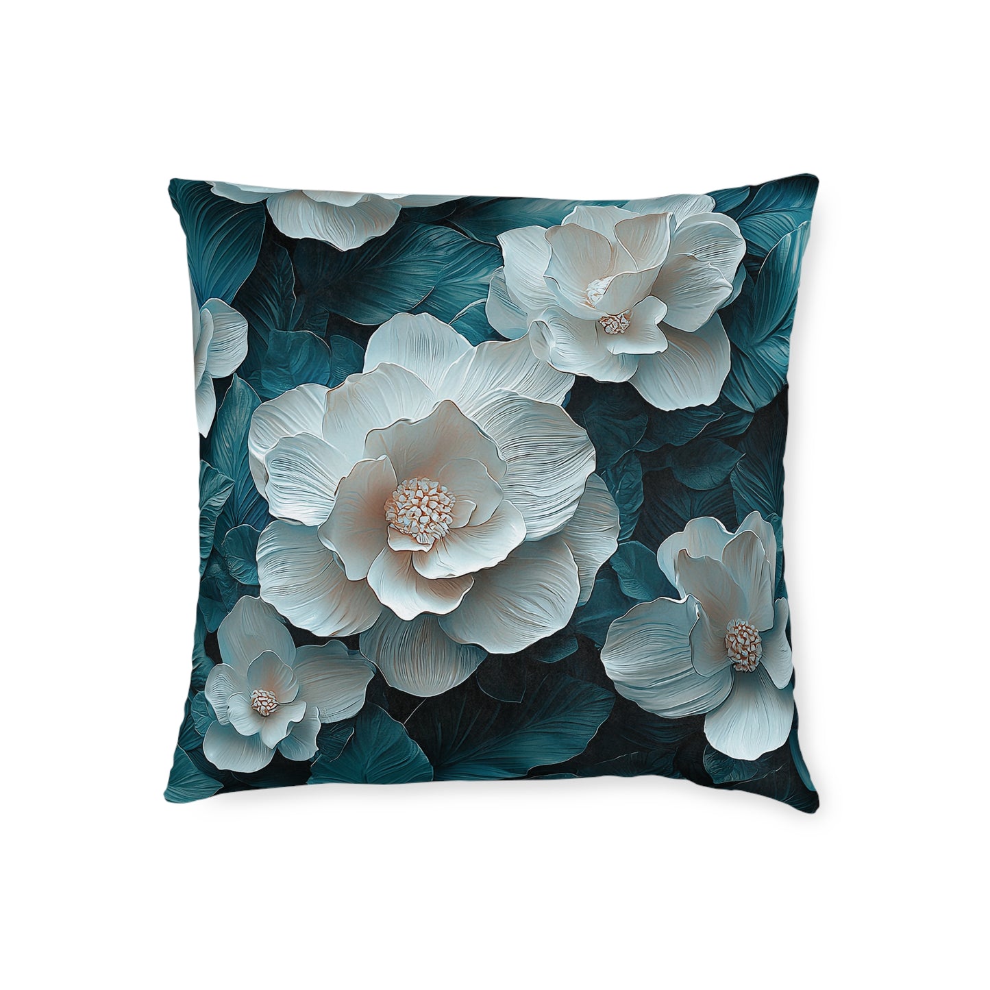 Elegant  White Winter Flower On Dark Teal Leaf - Cushion UK