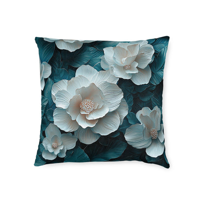 Elegant  White Winter Flower On Dark Teal Leaf - Cushion UK