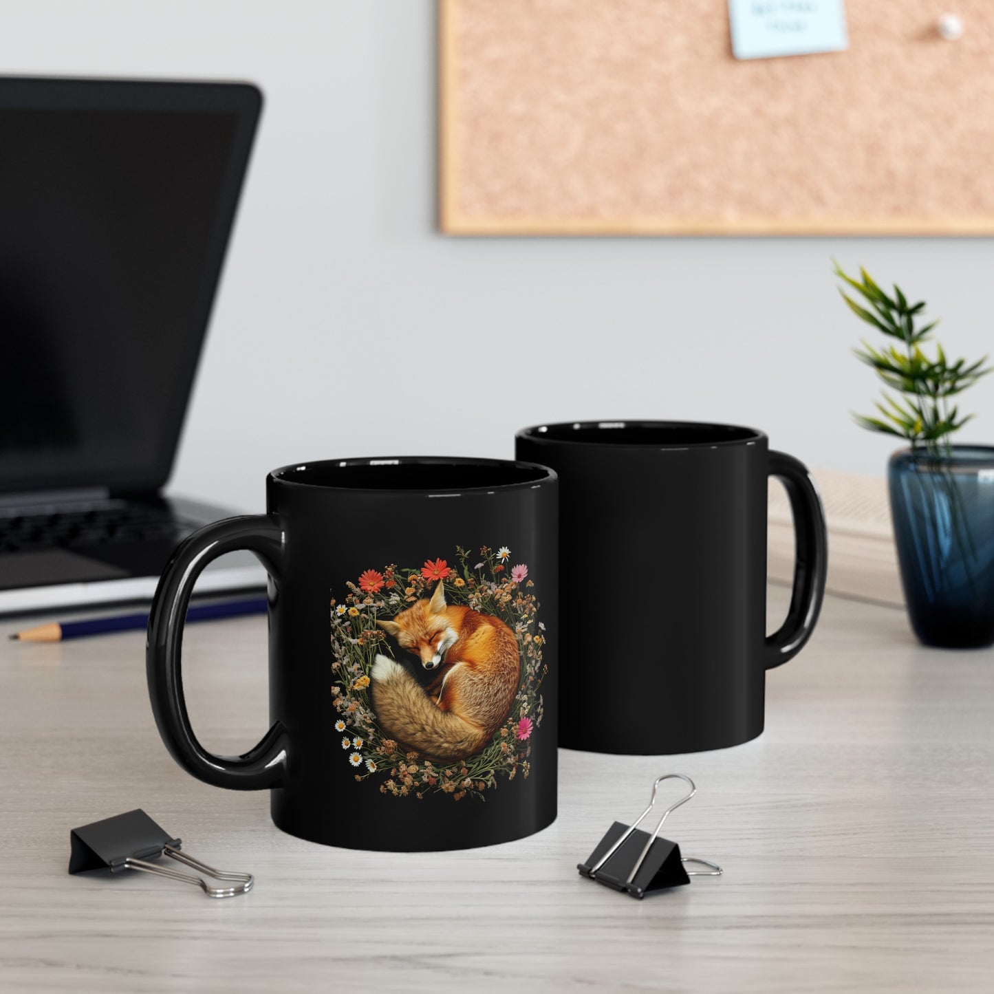 Floral Fox #1 - 11oz Black Mug