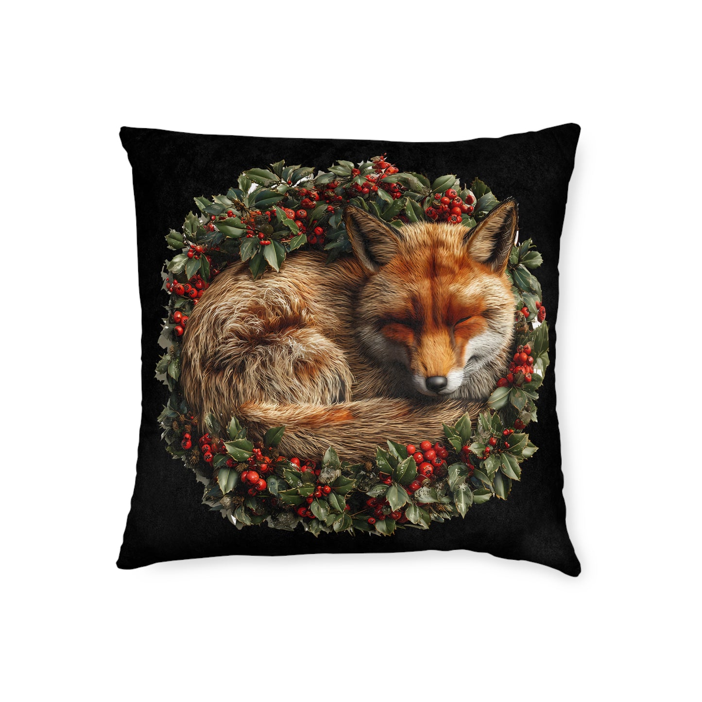 A Christmas Fox Laying in a Holly Wreath