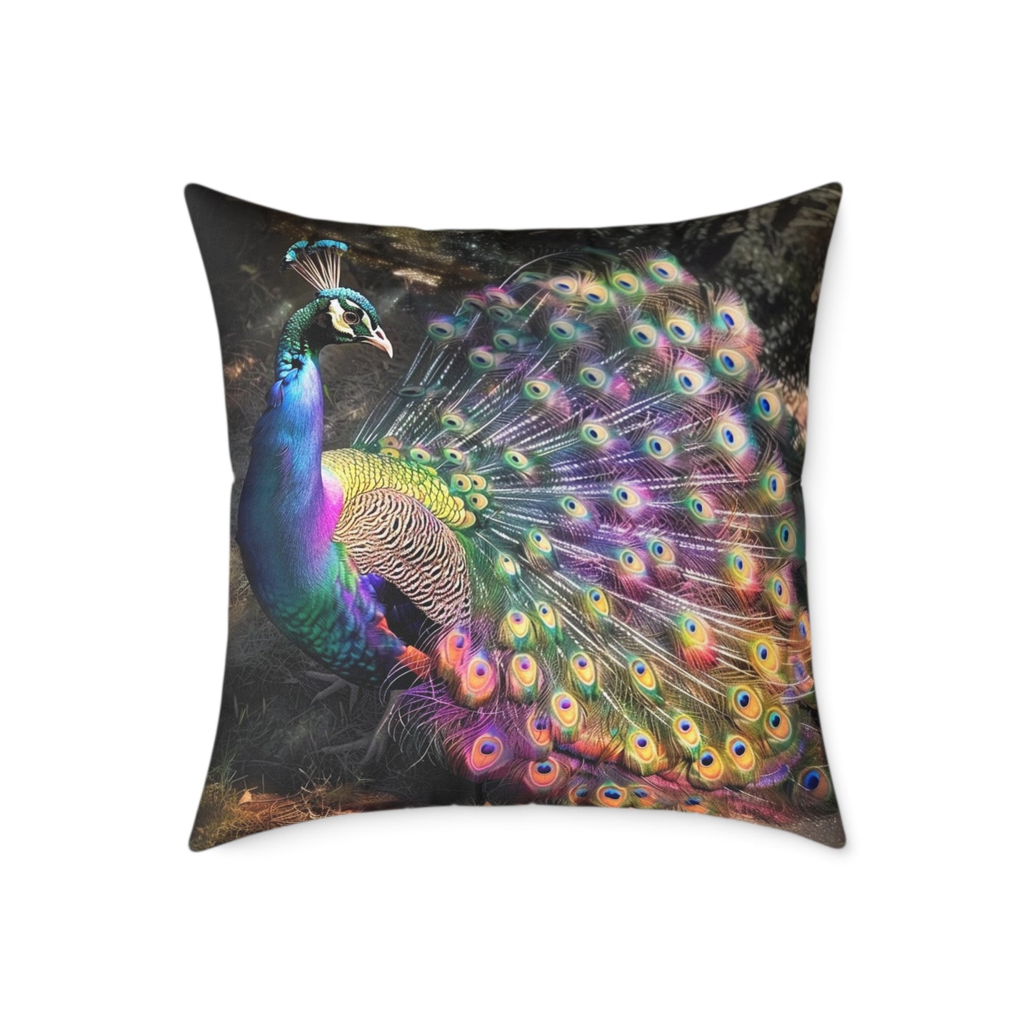 Rainbow Peacock 1 - Square Poly Canvas Pillow - UK